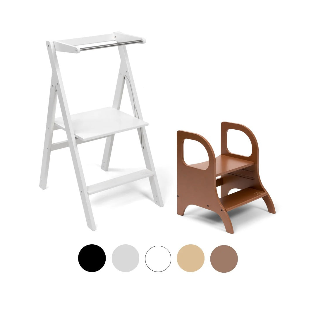 Ette Tete STEP'n'FOLD foldable learning tower in White with MIIMO step stool in Mocha