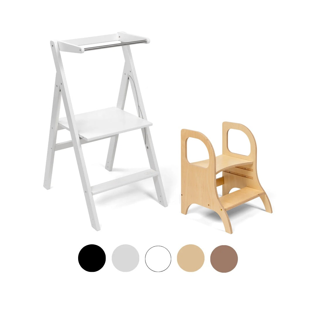Ette Tete STEP'n'FOLD foldable learning tower in White with MIIMO step stool in Wooden