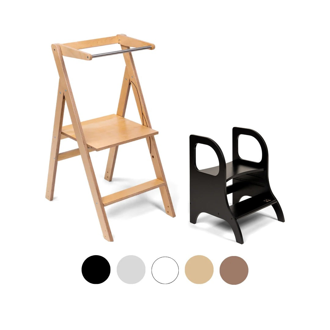 Ette Tete STEP'n'FOLD foldable learning tower in Wooden with MIIMO step stool in Black