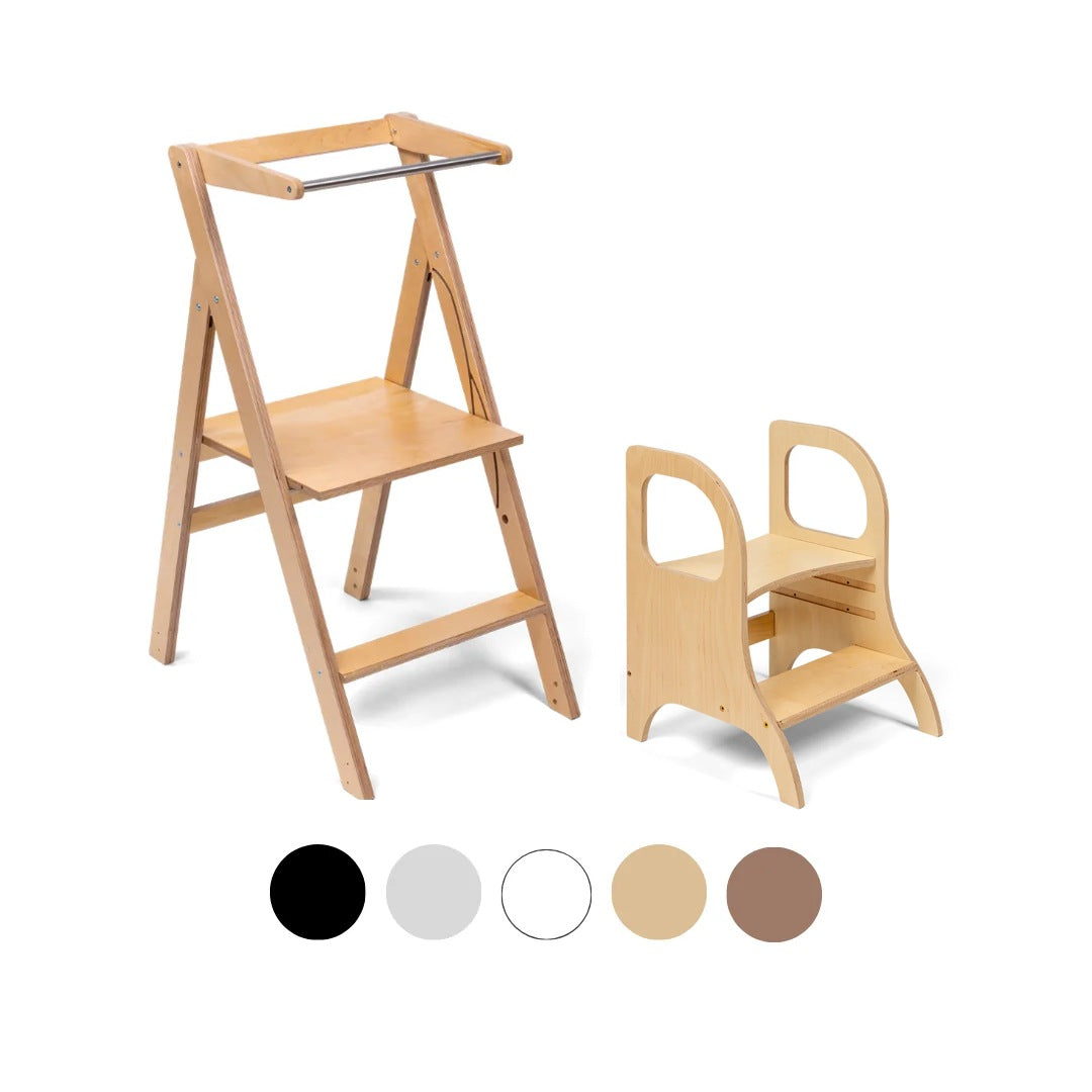 Ette Tete STEP'n'FOLD foldable learning tower in Wooden with MIIMO step stool in Wooden