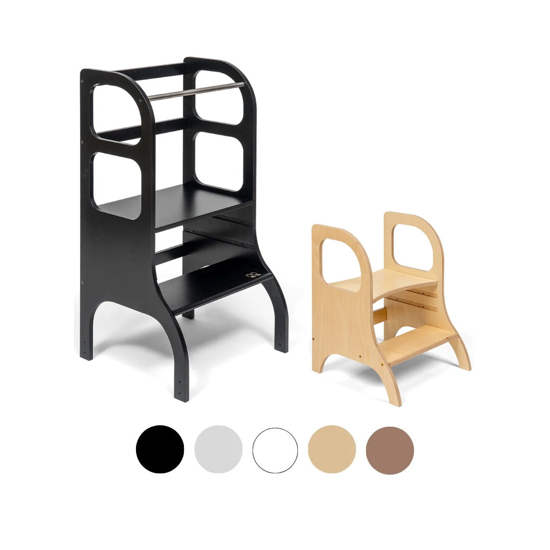 Ette Tete STEP UP learning tower in Black with MIIMO step stool in Wooden