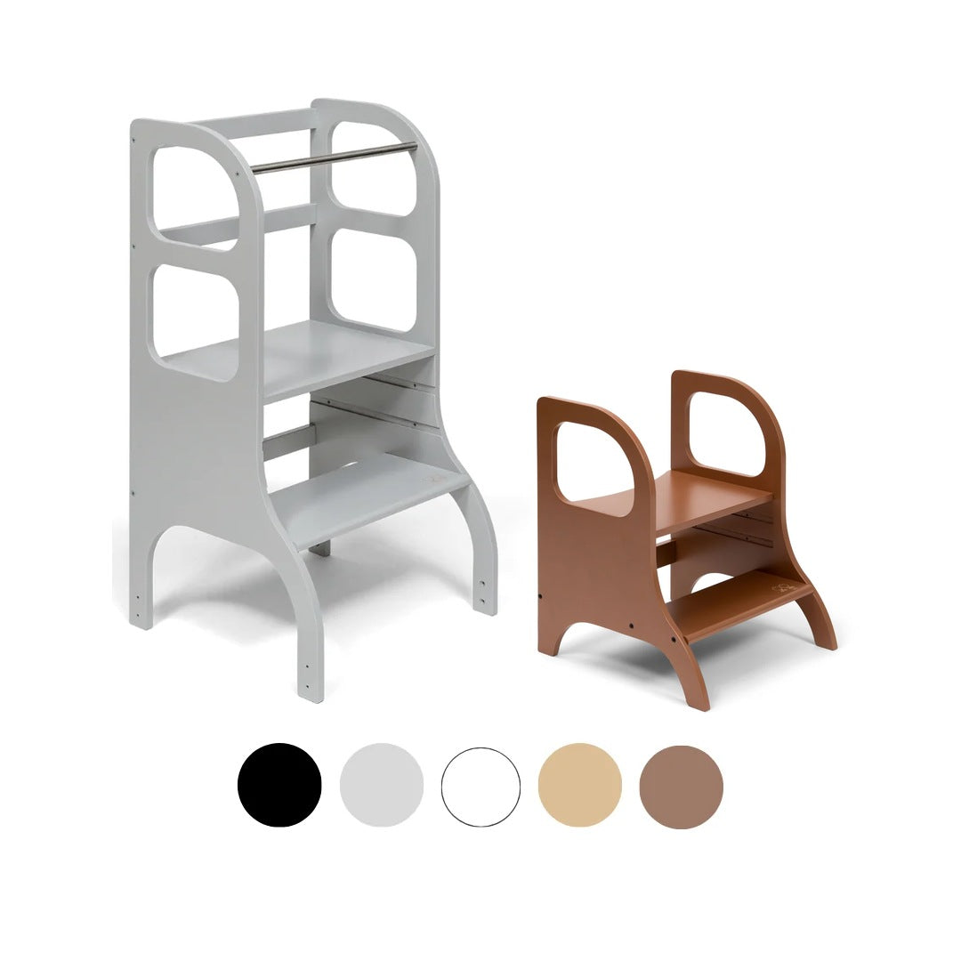 Ette Tete STEP UP learning tower in Grey with MIIMO step stool in Mocha