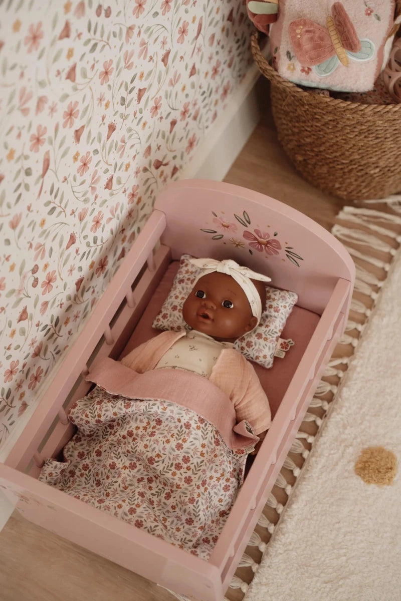 Wooden Doll Bed FSC With Textiles – for children, available at Learning Bugs UK
