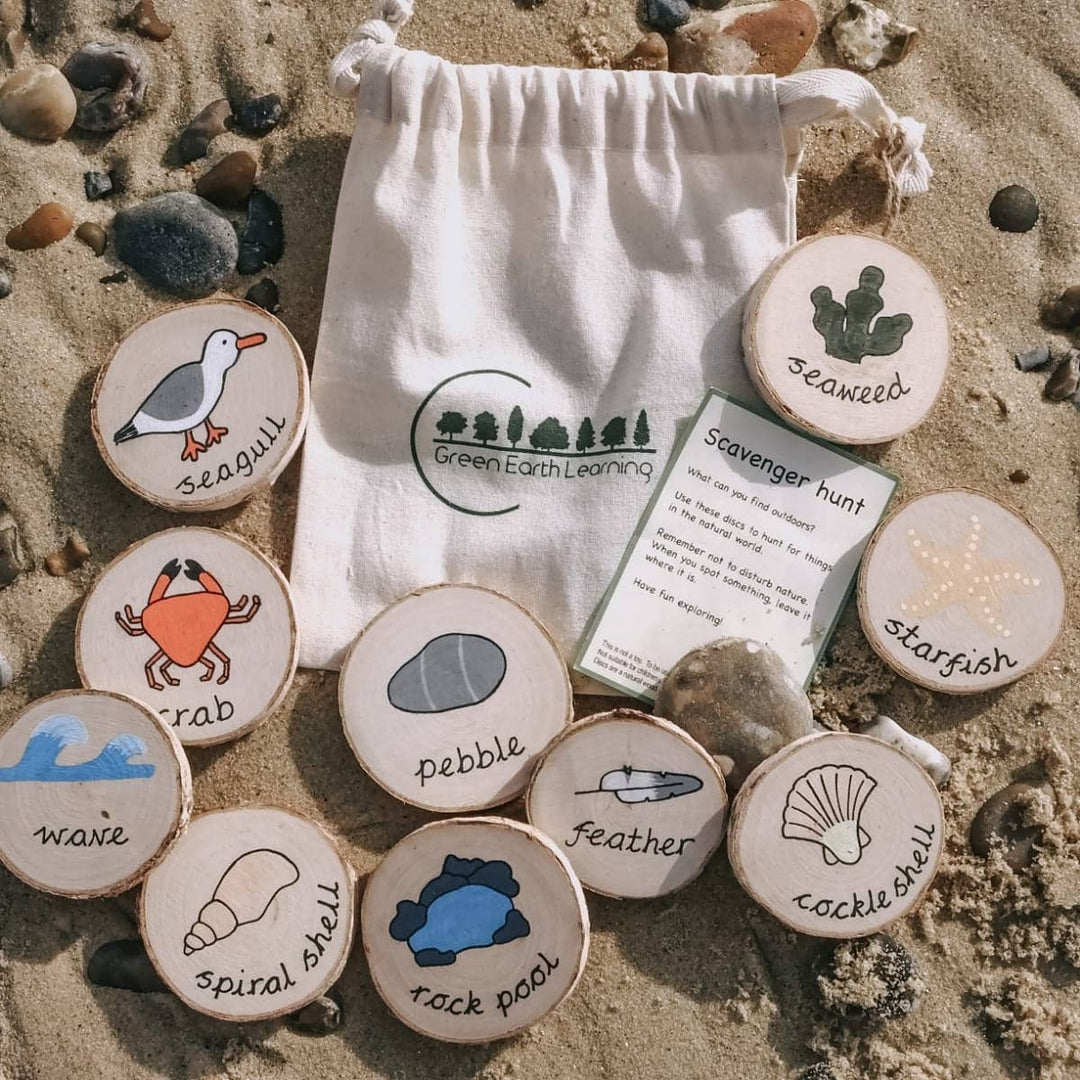 Green Earth Learning Wooden Learning Disks - Beach Scavenger Hunt