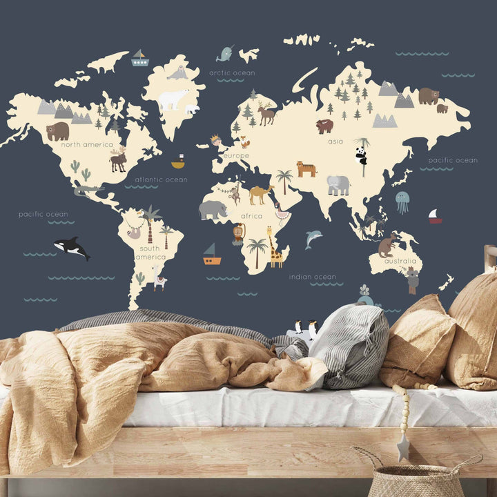 World Map Wallpaper Mural - Navy